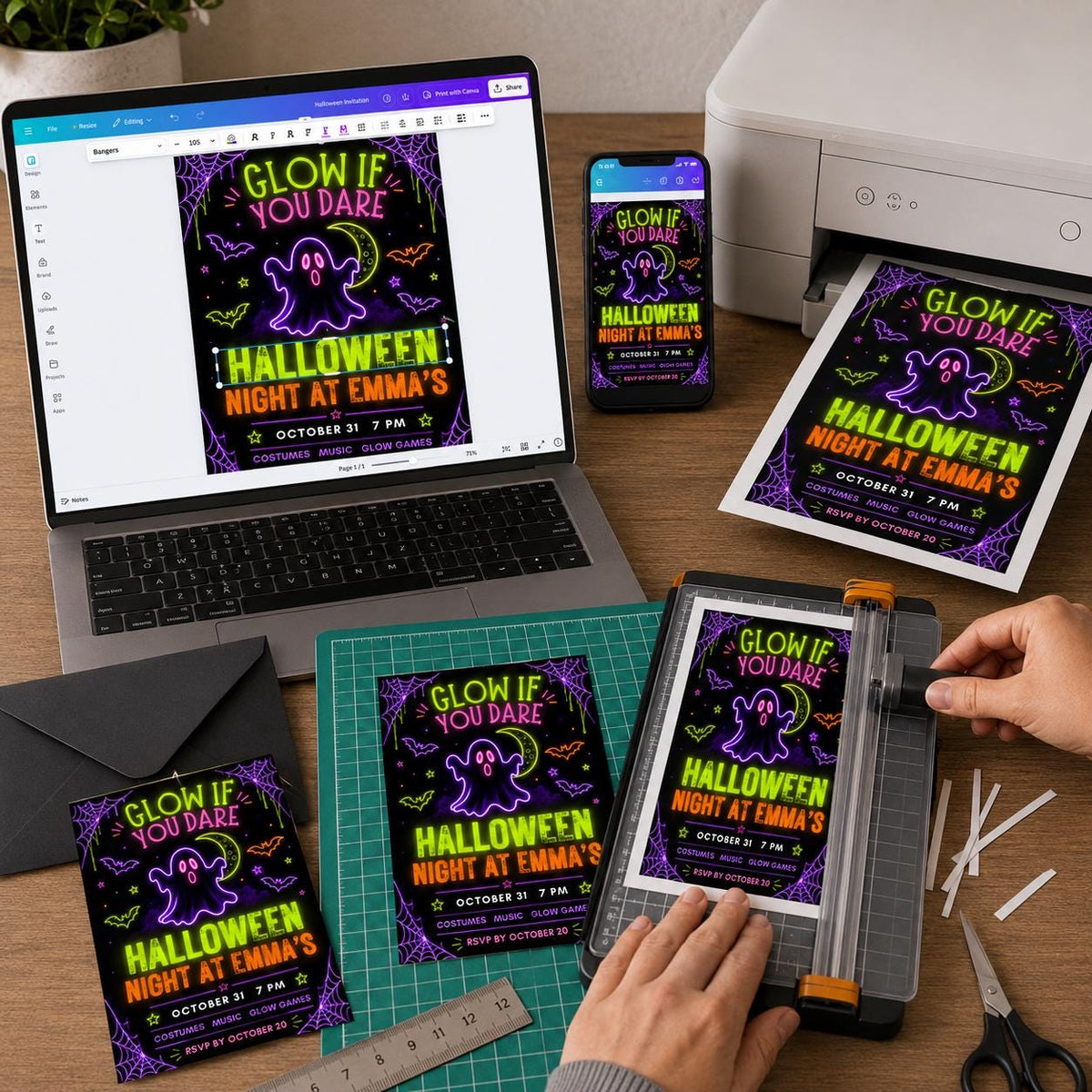 Neon Glow Halloween Party Invitation — print-ready Halloween party design from VoltBy