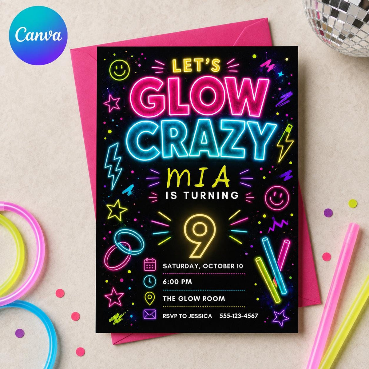Neon Glow Party 9th Birthday Invitation — editable Canva template