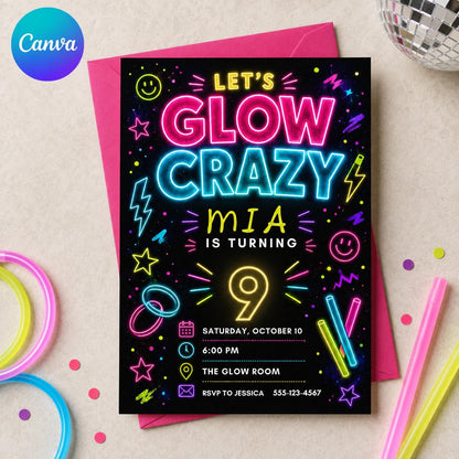 Neon Glow Party 9th Birthday Invitation — editable Canva template