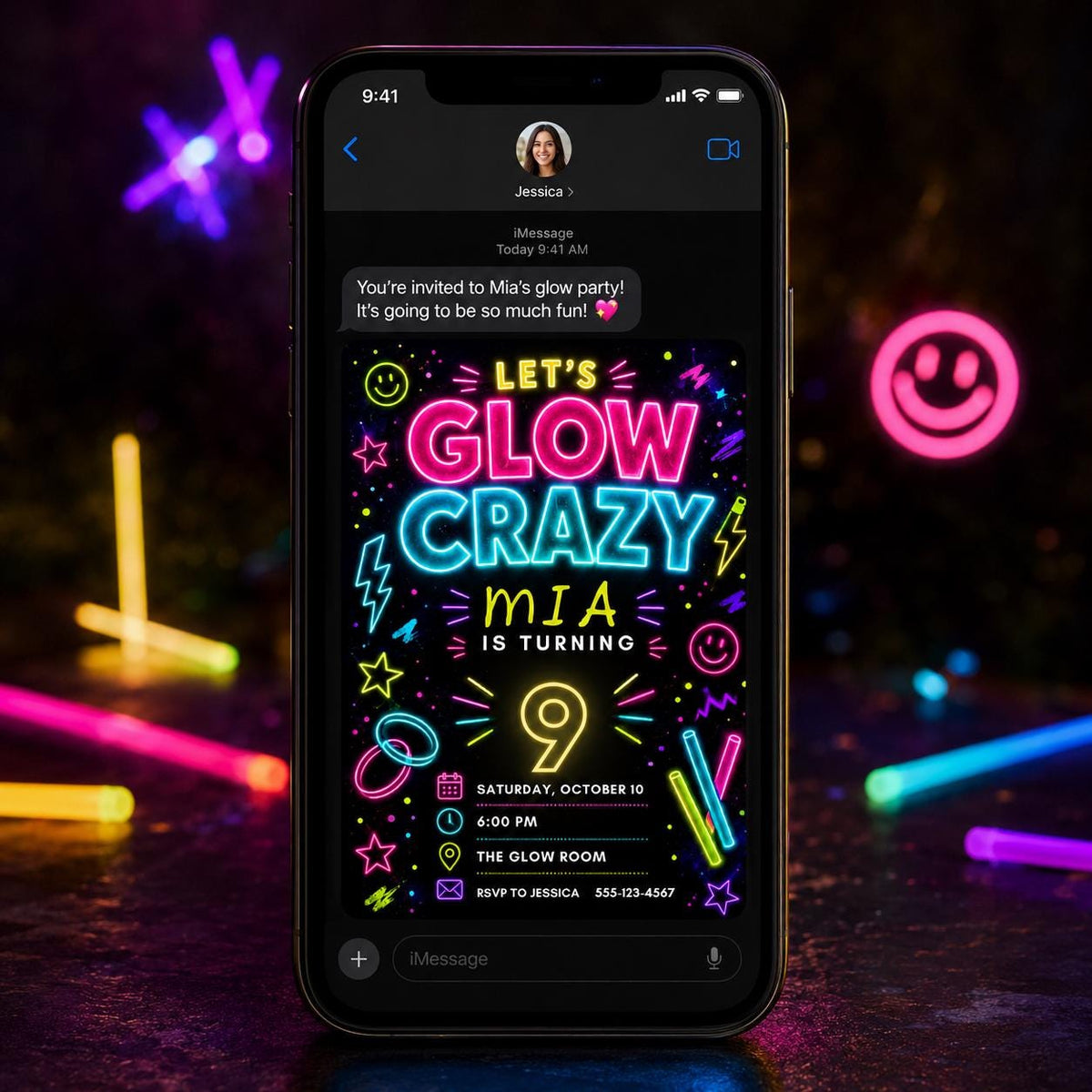 Neon Glow Party 9th Birthday Invitation — invitation you personalize in Canva