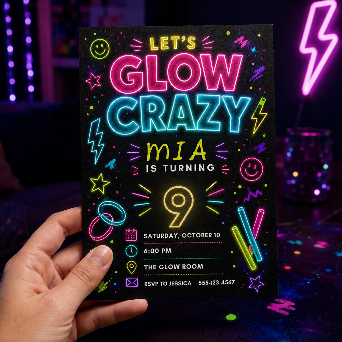 Neon Glow Party 9th Birthday Invitation — print-ready 9th birthday party design from VoltBy