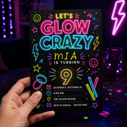 Neon Glow Party 9th Birthday Invitation — print-ready 9th birthday party design from VoltBy