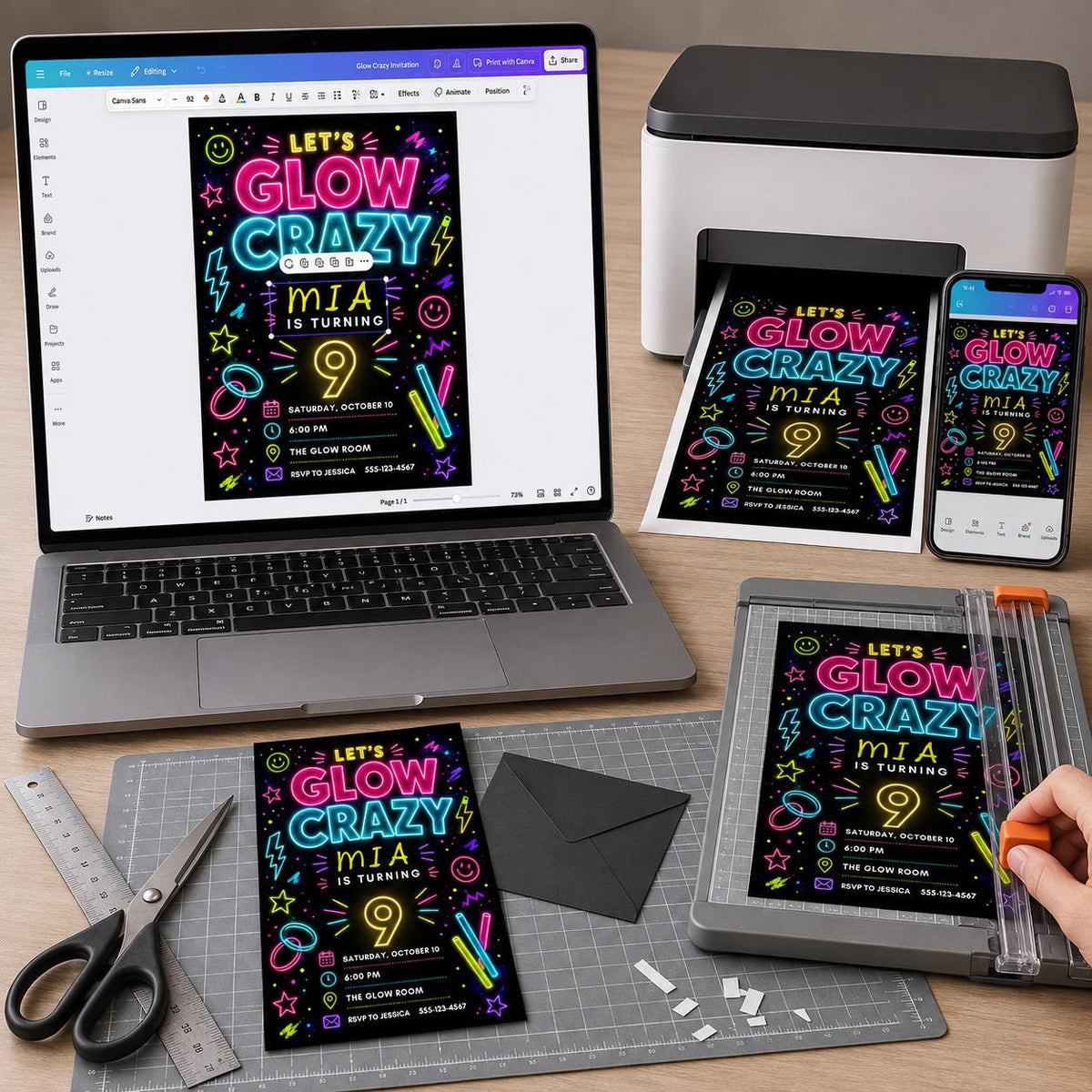 Neon Glow Party 9th Birthday Invitation — digital invitation, instant download