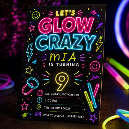 Neon Glow Party 9th Birthday Invitation — 9th birthday party stationery by VoltBy