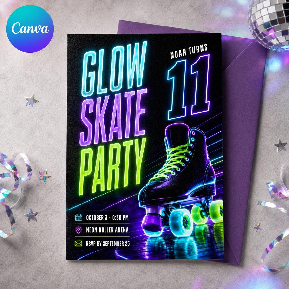 Neon Glow Roller Skate 11th Birthday Invitation — editable Canva template