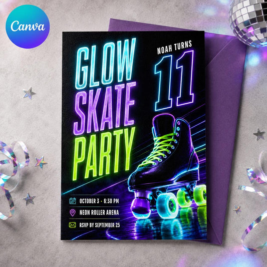 Neon Glow Roller Skate 11th Birthday Invitation — editable Canva template