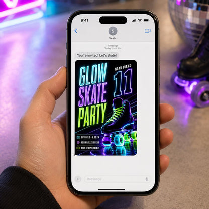 Neon Glow Roller Skate 11th Birthday Invitation — invitation you personalize in Canva