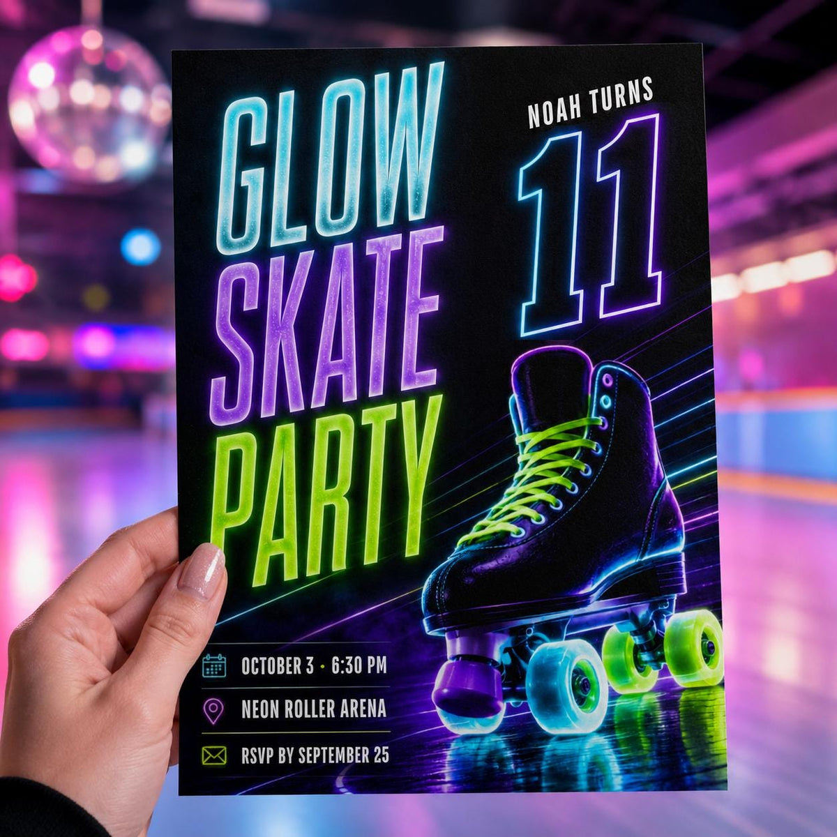 Neon Glow Roller Skate 11th Birthday Invitation — print-ready 11th birthday party design from VoltBy