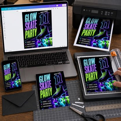 Neon Glow Roller Skate 11th Birthday Invitation — digital invitation, instant download
