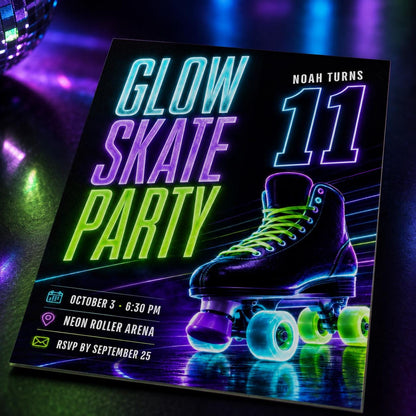 Neon Glow Roller Skate 11th Birthday Invitation — 11th birthday party stationery by VoltBy