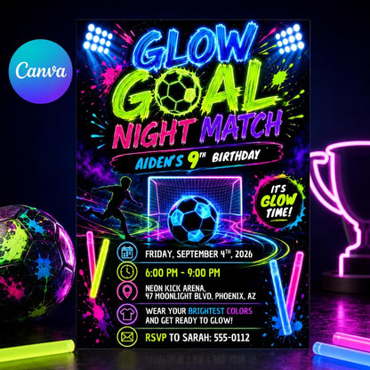 Neon Glow Soccer 9th Birthday Invitation — editable Canva template