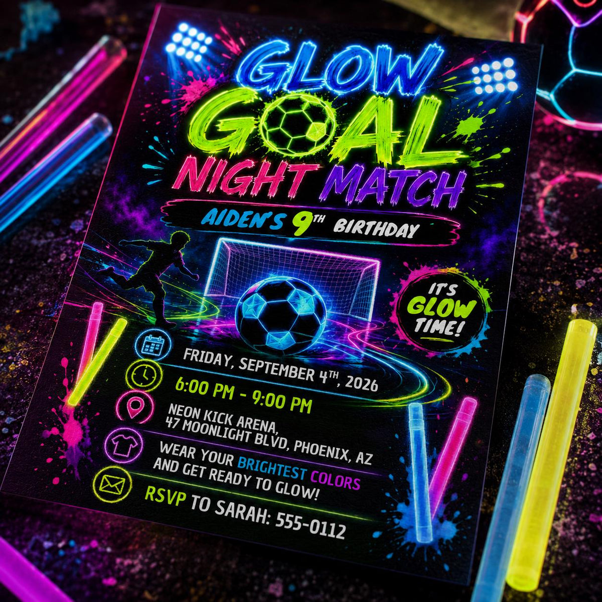 Neon Glow Soccer 9th Birthday Invitation — print-ready 9th birthday party design from VoltBy