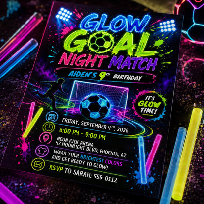 Neon Glow Soccer 9th Birthday Invitation — print-ready 9th birthday party design from VoltBy