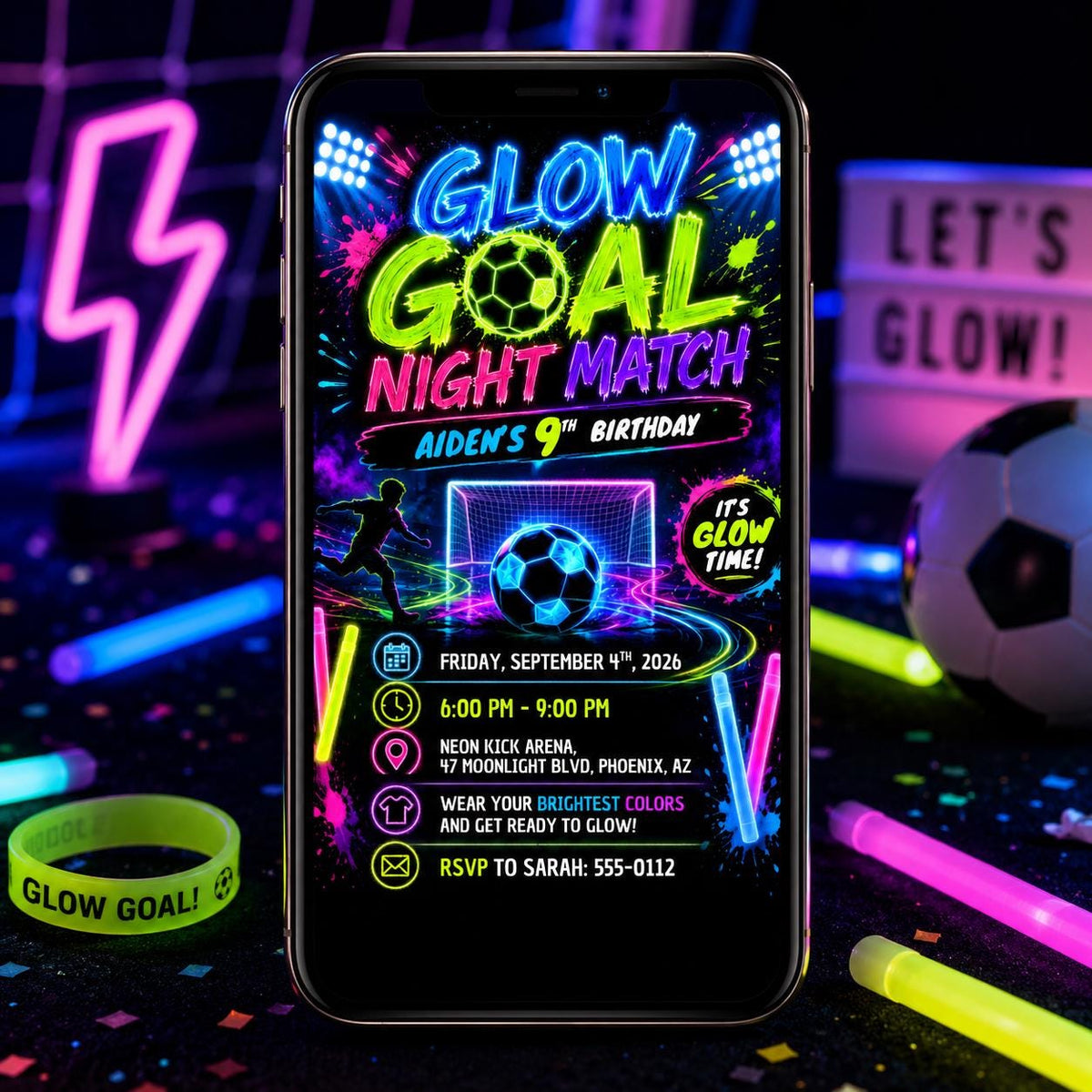 Neon Glow Soccer 9th Birthday Invitation — digital invitation, instant download