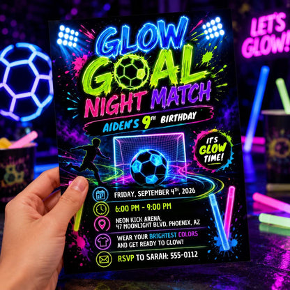 Neon Glow Soccer 9th Birthday Invitation — 9th birthday party stationery by VoltBy