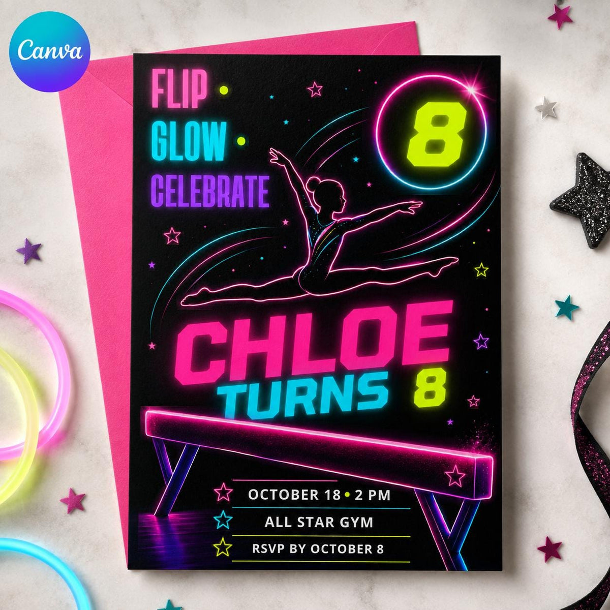 Neon Gymnastics 8th Birthday Invitation — editable Canva template