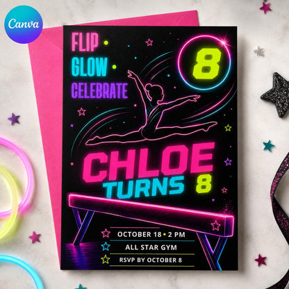 Neon Gymnastics 8th Birthday Invitation — editable Canva template