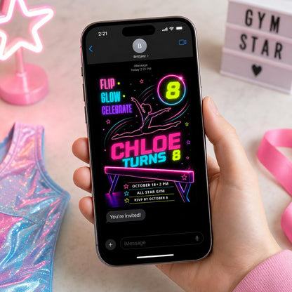 Neon Gymnastics 8th Birthday Invitation — invitation you personalize in Canva