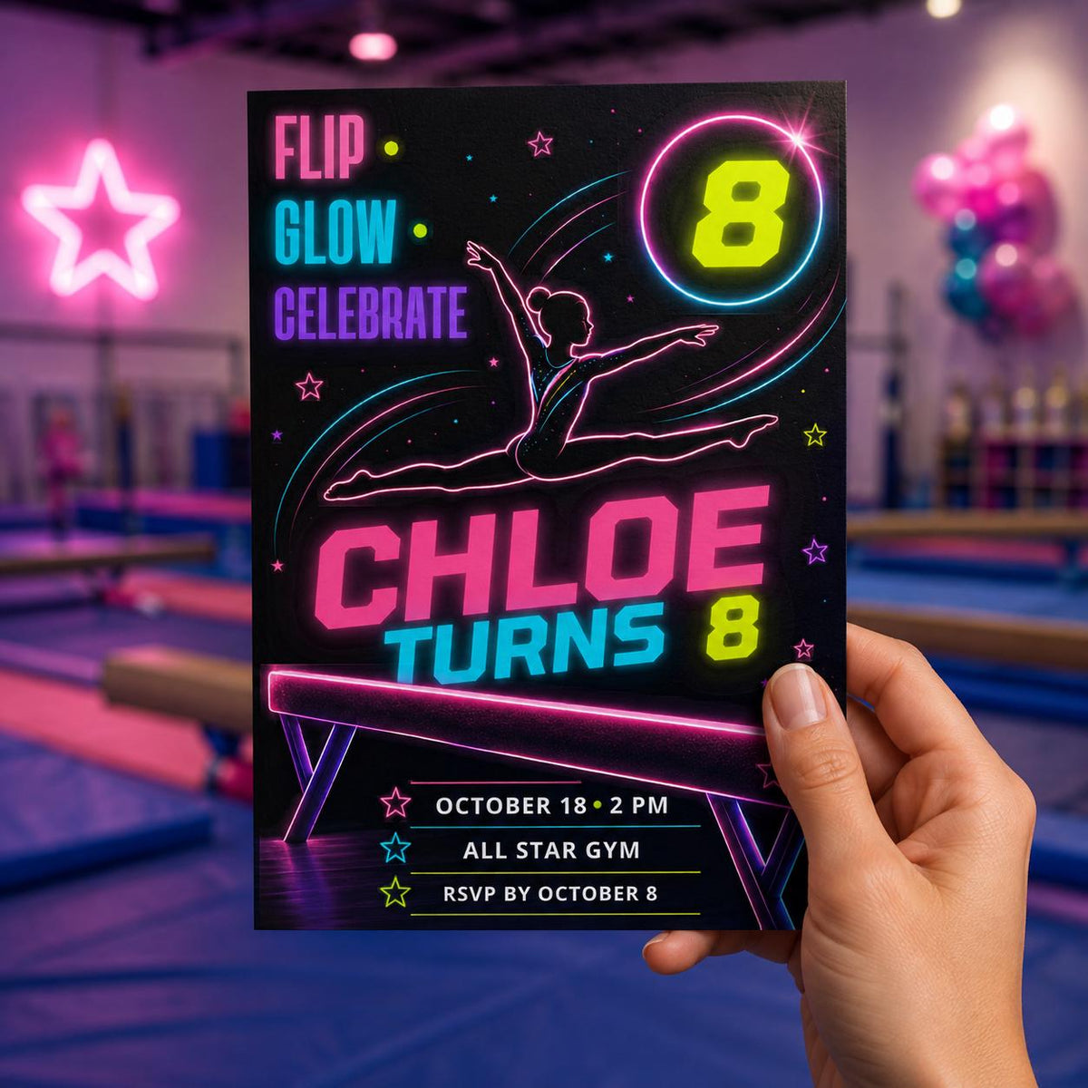 Neon Gymnastics 8th Birthday Invitation — print-ready 8th birthday party design from VoltBy