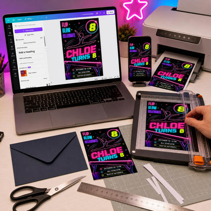 Neon Gymnastics 8th Birthday Invitation — digital invitation, instant download