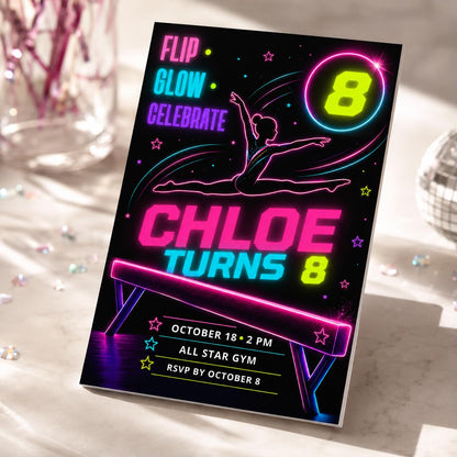 Neon Gymnastics 8th Birthday Invitation — 8th birthday party stationery by VoltBy