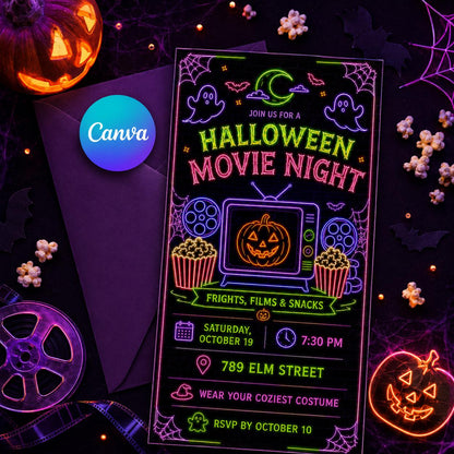 Neon Halloween Movie Night Invitation — editable Canva template