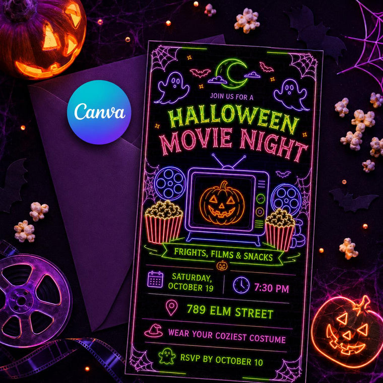 Neon Halloween Movie Night Invitation