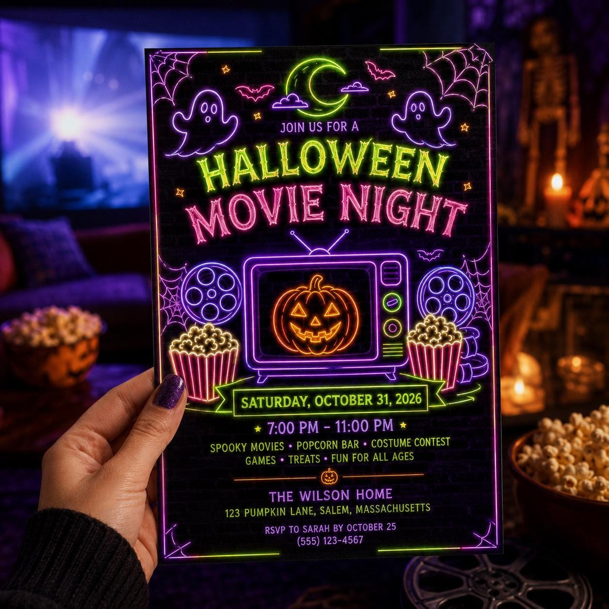 Neon Halloween Movie Night Invitation — ghost design