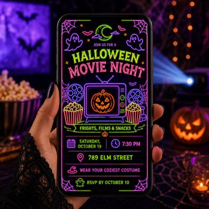 Neon Halloween Movie Night Invitation — invitation you personalize in Canva