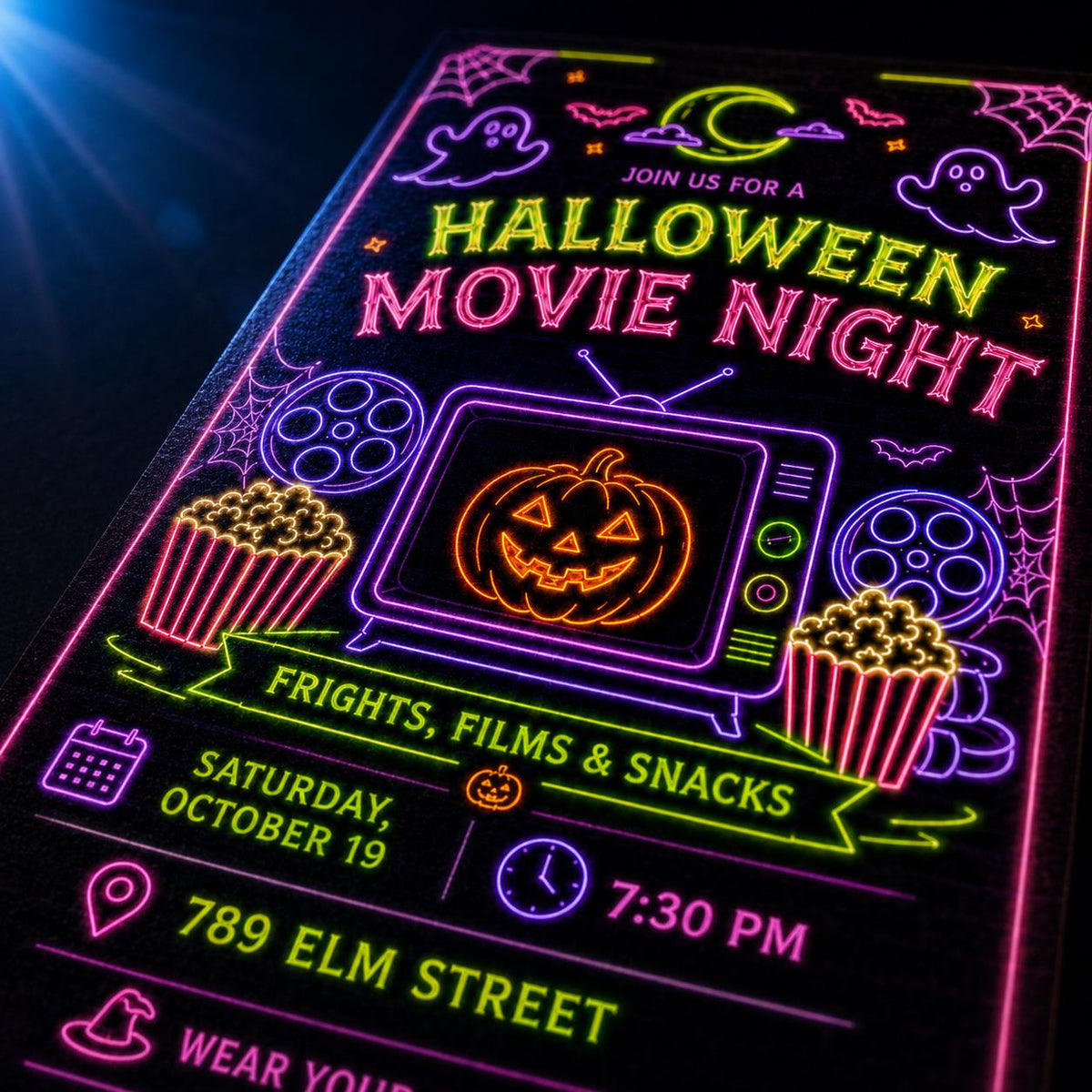 Neon Halloween Movie Night Invitation — print-ready Halloween party design from VoltBy