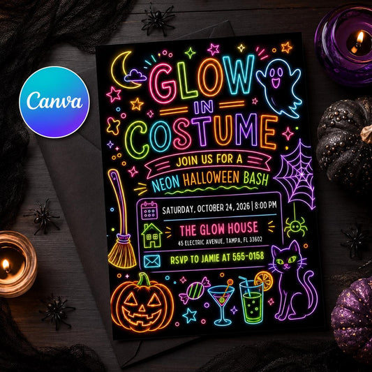 Neon Halloween Party Invitation: Glow in Costume Adult Kids Spooky Bash — editable Canva template