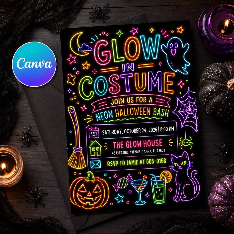 Neon Halloween Party Invitation: Glow in Costume Adult Kids Spooky Bash