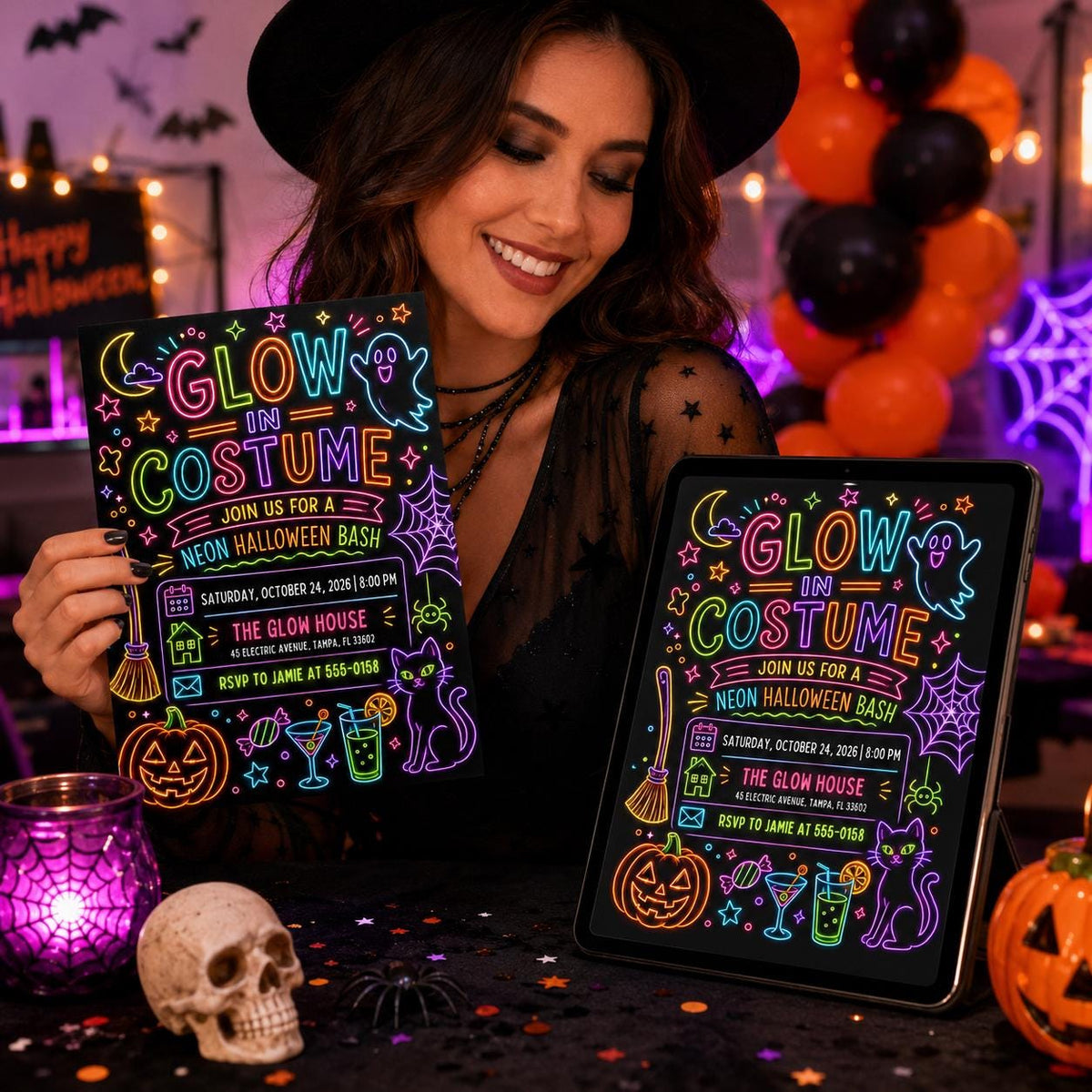 Neon Halloween Party Invitation: Glow in Costume Adult Kids Spooky Bash — print-ready Halloween party design from VoltBy