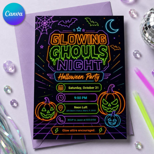 Neon Halloween Party Invitation: Glowing Ghouls Night Glow in the Dark Costume — editable Canva template