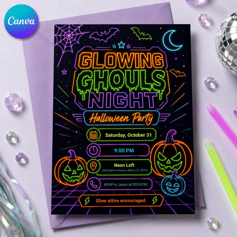 Neon Halloween Party Invitation: Glowing Ghouls Night Glow in the Dark Costume