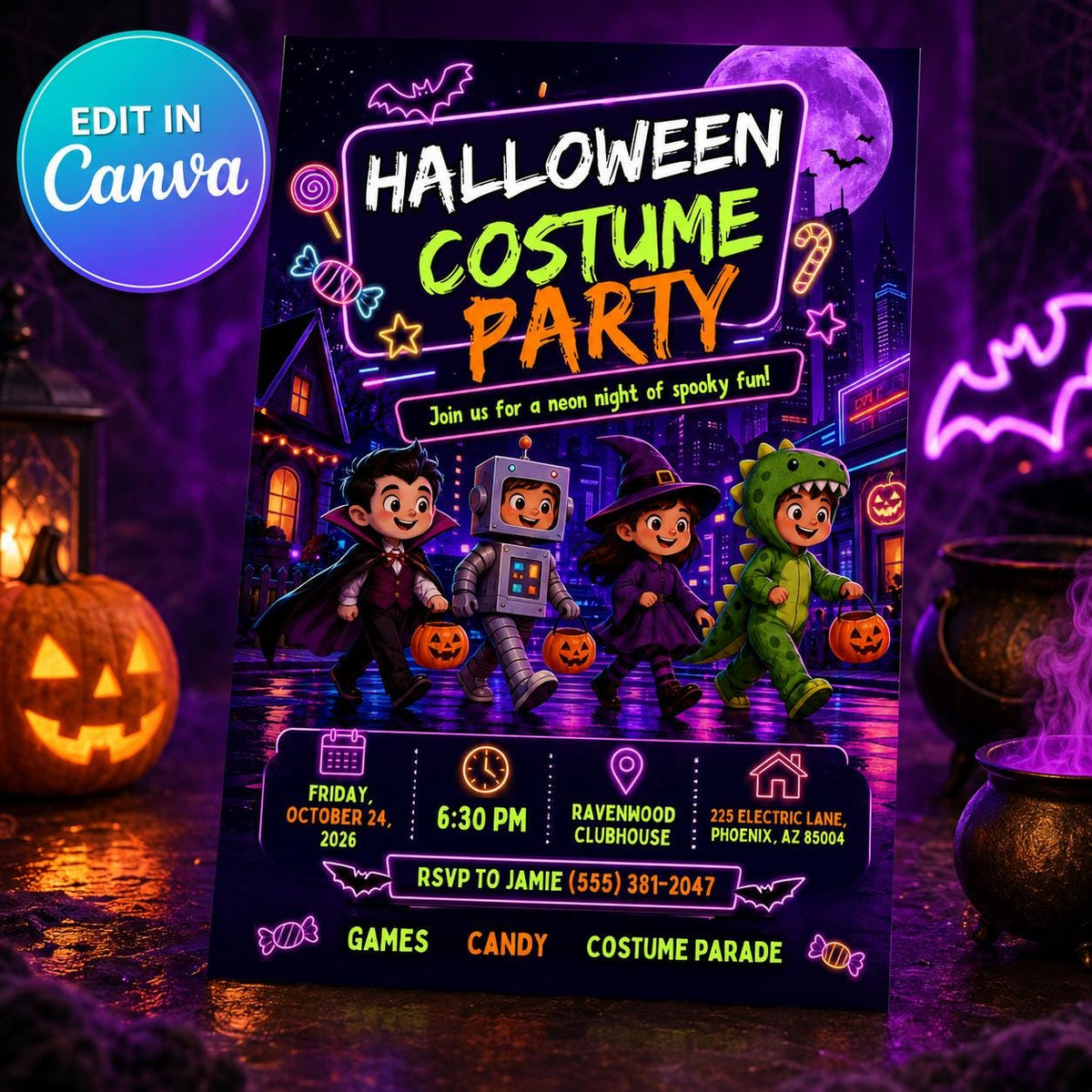 Neon Halloween Party Invitation: Kids Costume Parade Glow Party — editable Canva template