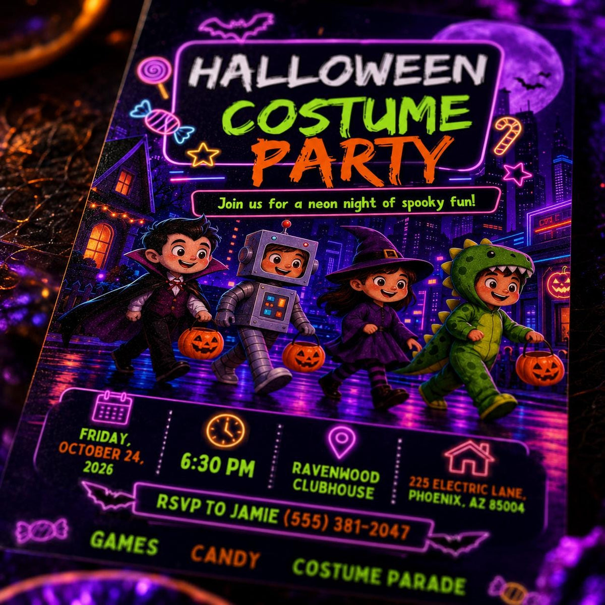 Neon Halloween Party Invitation: Kids Costume Parade Glow Party — digital invitation, instant download