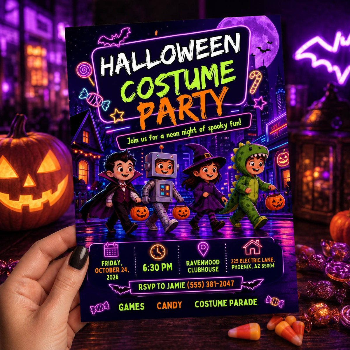 Neon Halloween Party Invitation: Kids Costume Parade Glow Party — Halloween party stationery by VoltBy