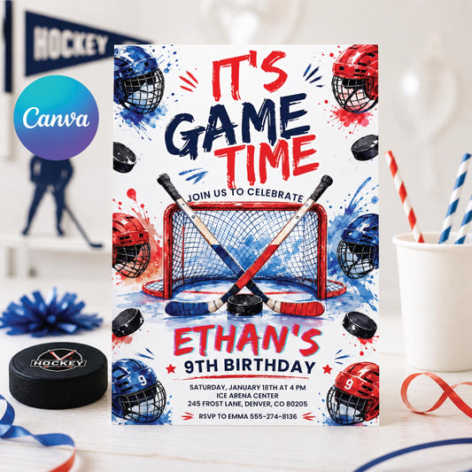 Neon Ice Hockey Birthday Invitation for Boys — editable Canva template