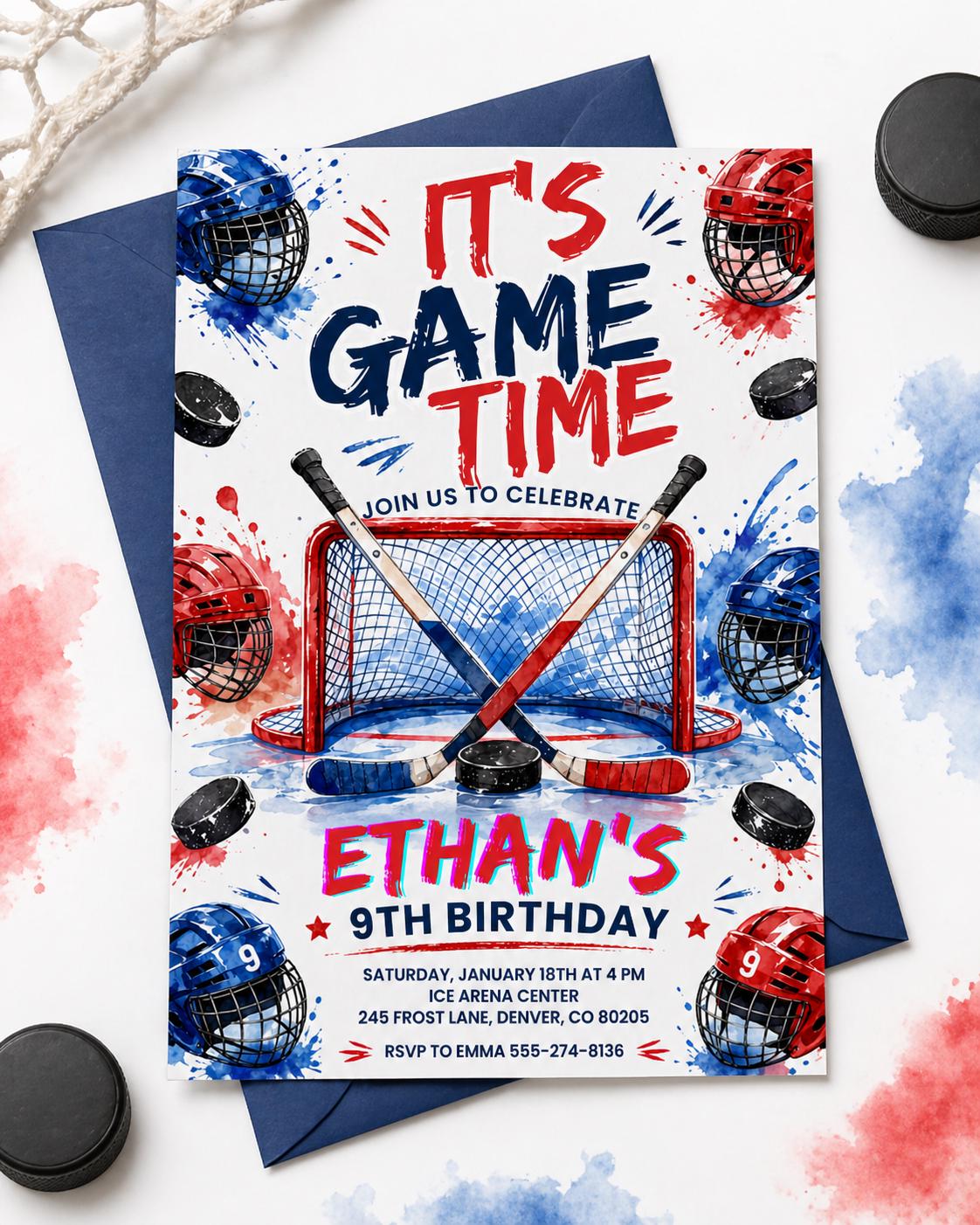 Neon Ice Hockey Birthday Invitation for Boys — invitation you personalize in Canva