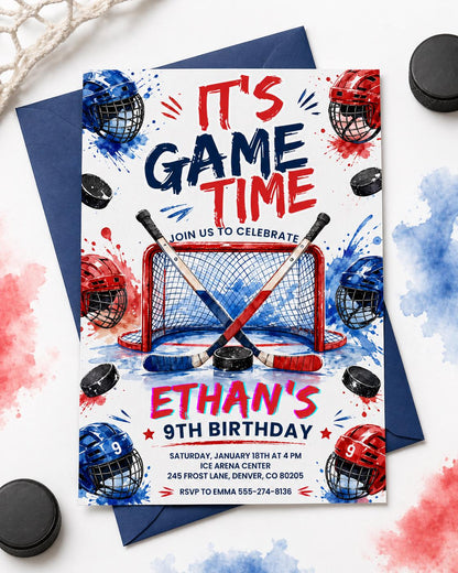 Neon Ice Hockey Birthday Invitation for Boys — invitation you personalize in Canva