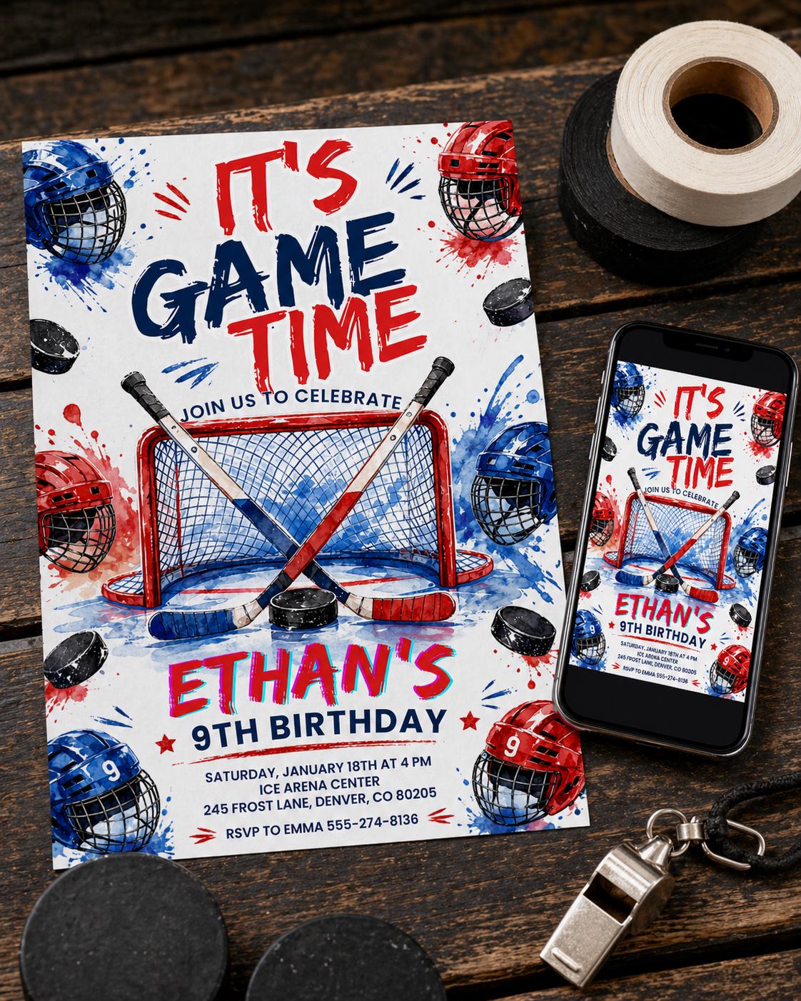Neon Ice Hockey Birthday Invitation for Boys — print-ready birthday party design from VoltBy