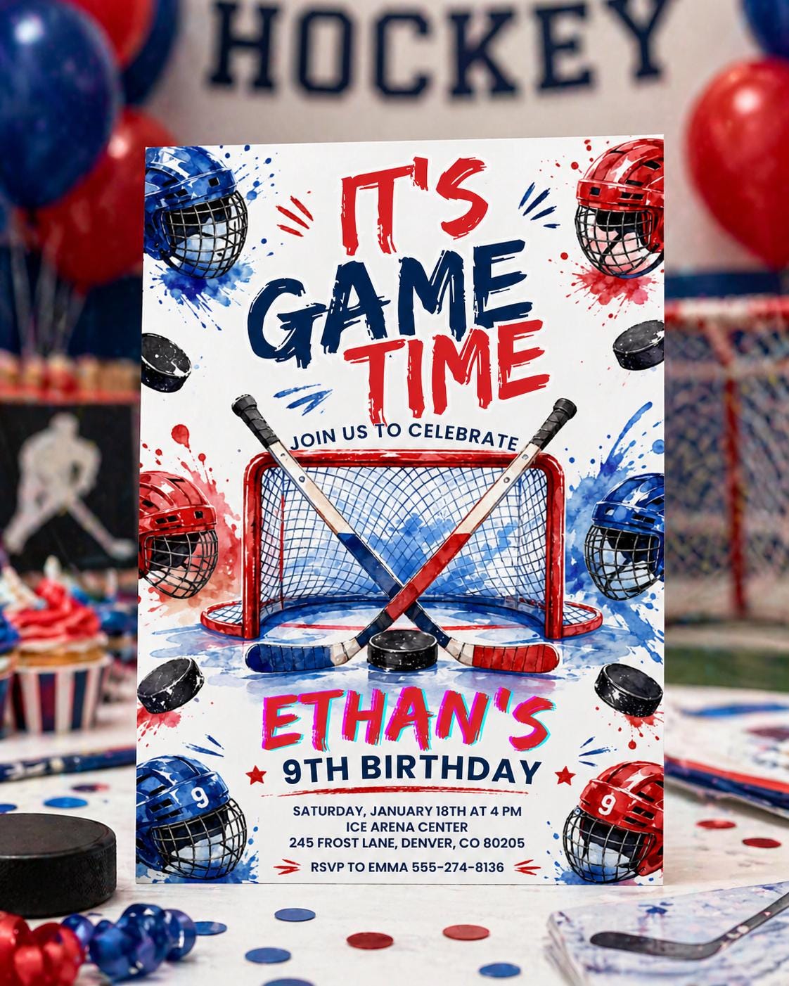 Neon Ice Hockey Birthday Invitation for Boys — digital invitation, instant download