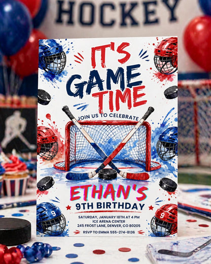 Neon Ice Hockey Birthday Invitation for Boys — digital invitation, instant download