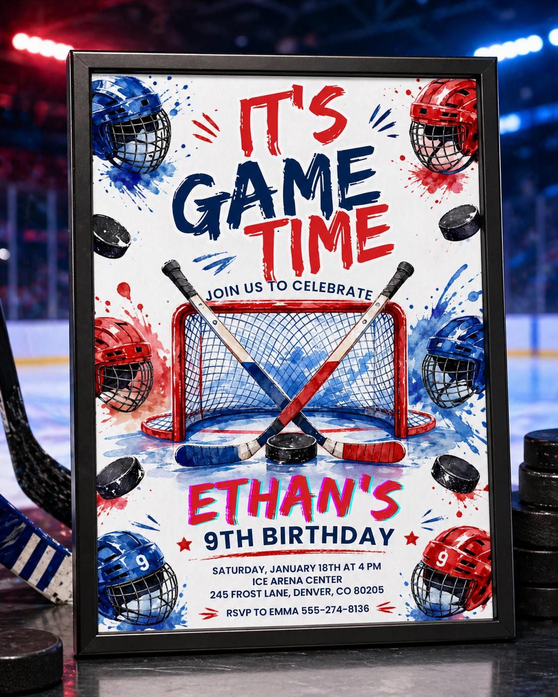 Neon Ice Hockey Birthday Invitation for Boys — birthday party stationery by VoltBy