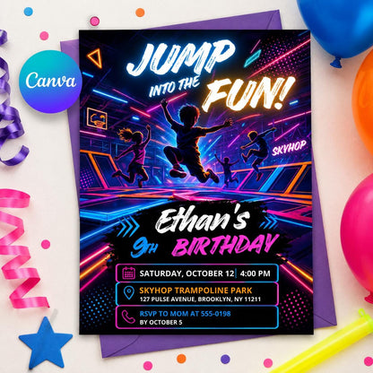 Neon Jump Into The Fun 9th Birthday Invitation for Boys — editable Canva template