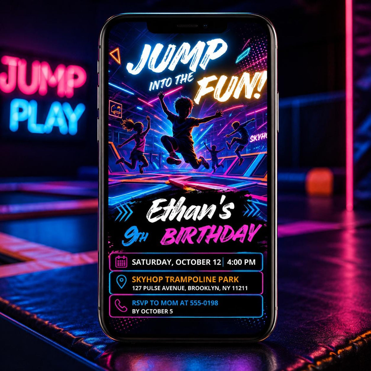 Neon Jump Into The Fun 9th Birthday Invitation for Boys — trampoline design
