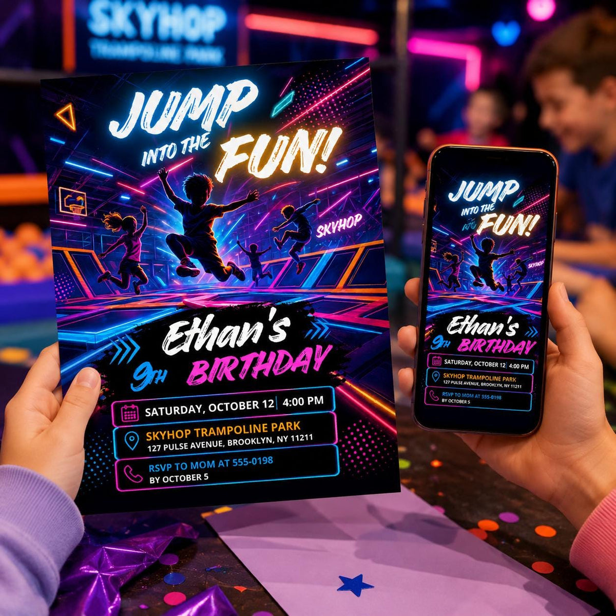 Neon Jump Into The Fun 9th Birthday Invitation for Boys — invitation you personalize in Canva