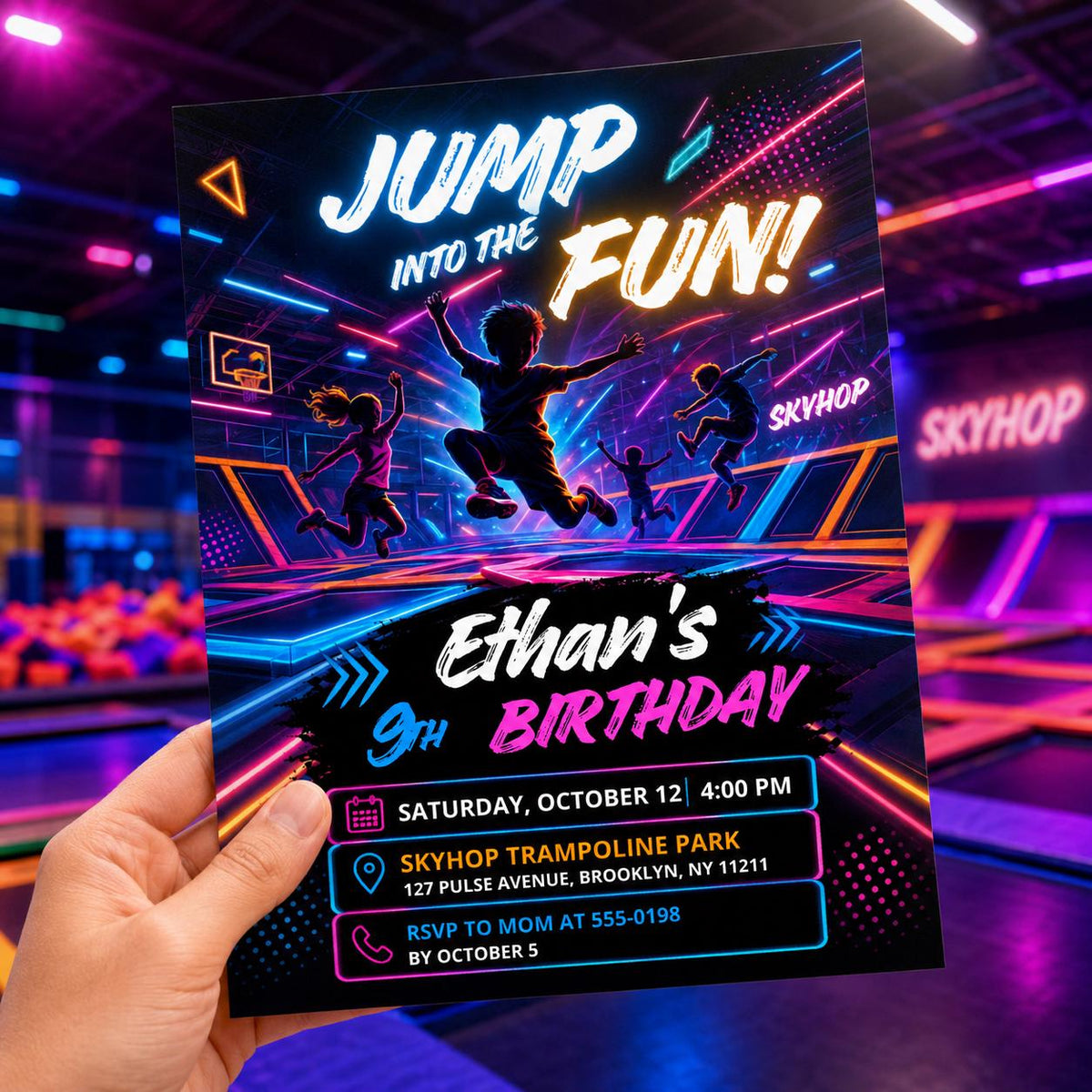 Neon Jump Into The Fun 9th Birthday Invitation for Boys — print-ready 9th birthday party design from VoltBy