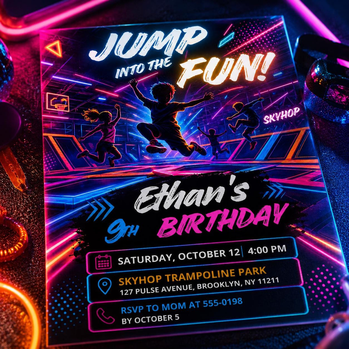 Neon Jump Into The Fun 9th Birthday Invitation for Boys — digital invitation, instant download